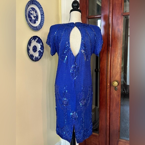 Jewel Queen | Vintage 80’s Blue Silk Beaded & Sequined Cocktail Dress, Size M - Picture 2 of 11
